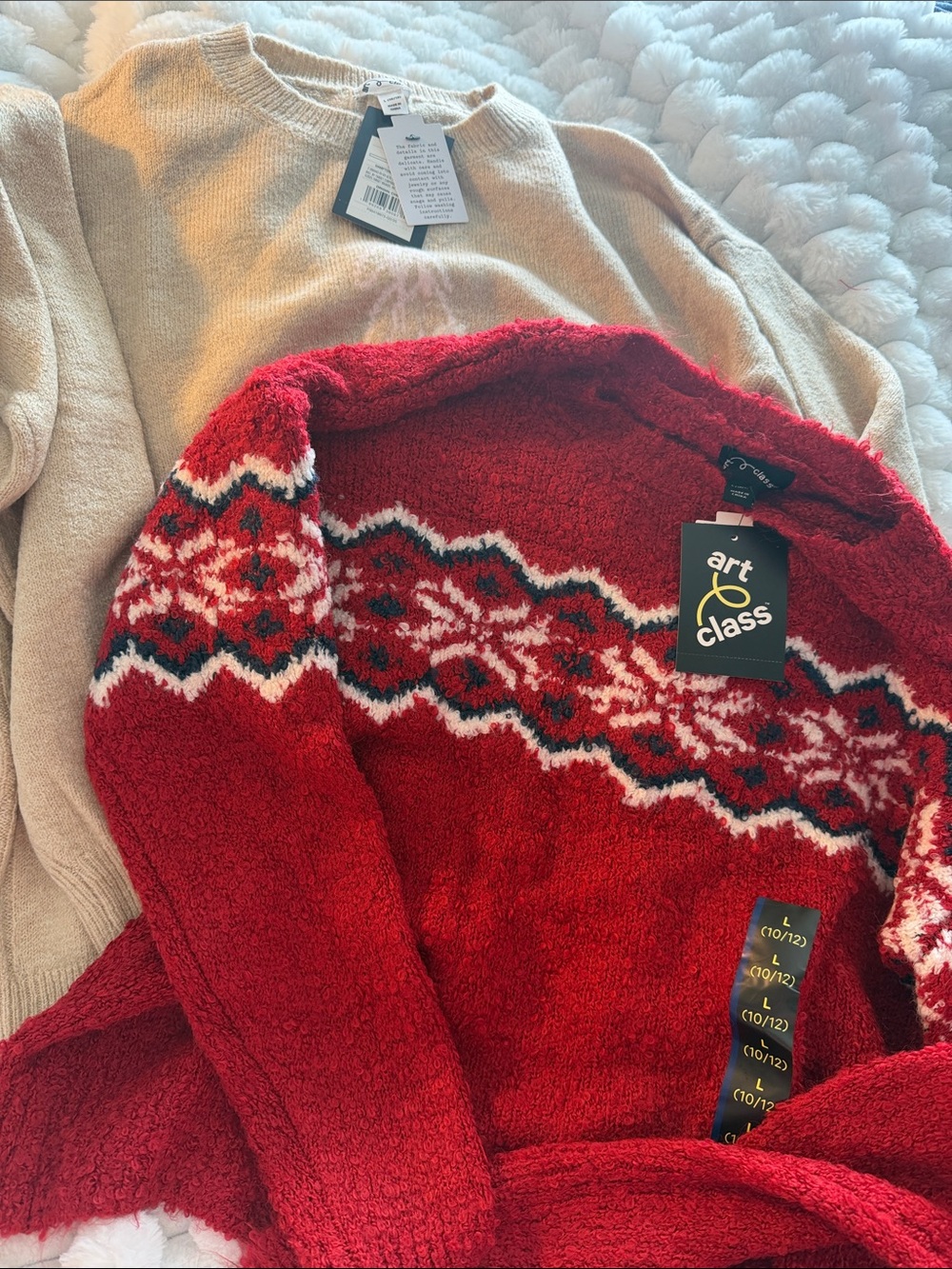 art class Red Fair Isle & Tan Crewneck Sweater